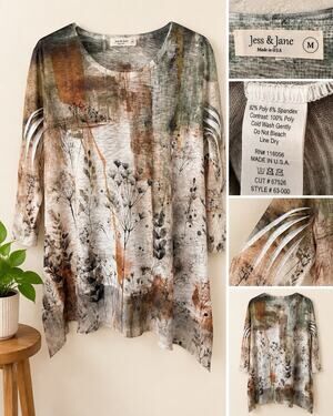 Jess & Jane Top size Medium Tunic Boho Y2k Fairy Abstract Art Blouse Flowy Shirt